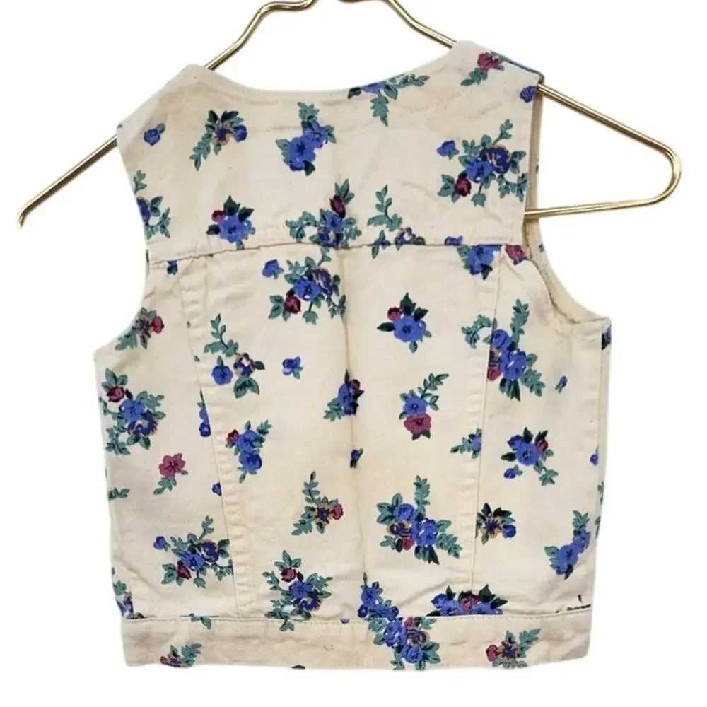 Vintage‎ Girls White Denim Floral Sleeveless Vest Size 4 Made In U.S.A.